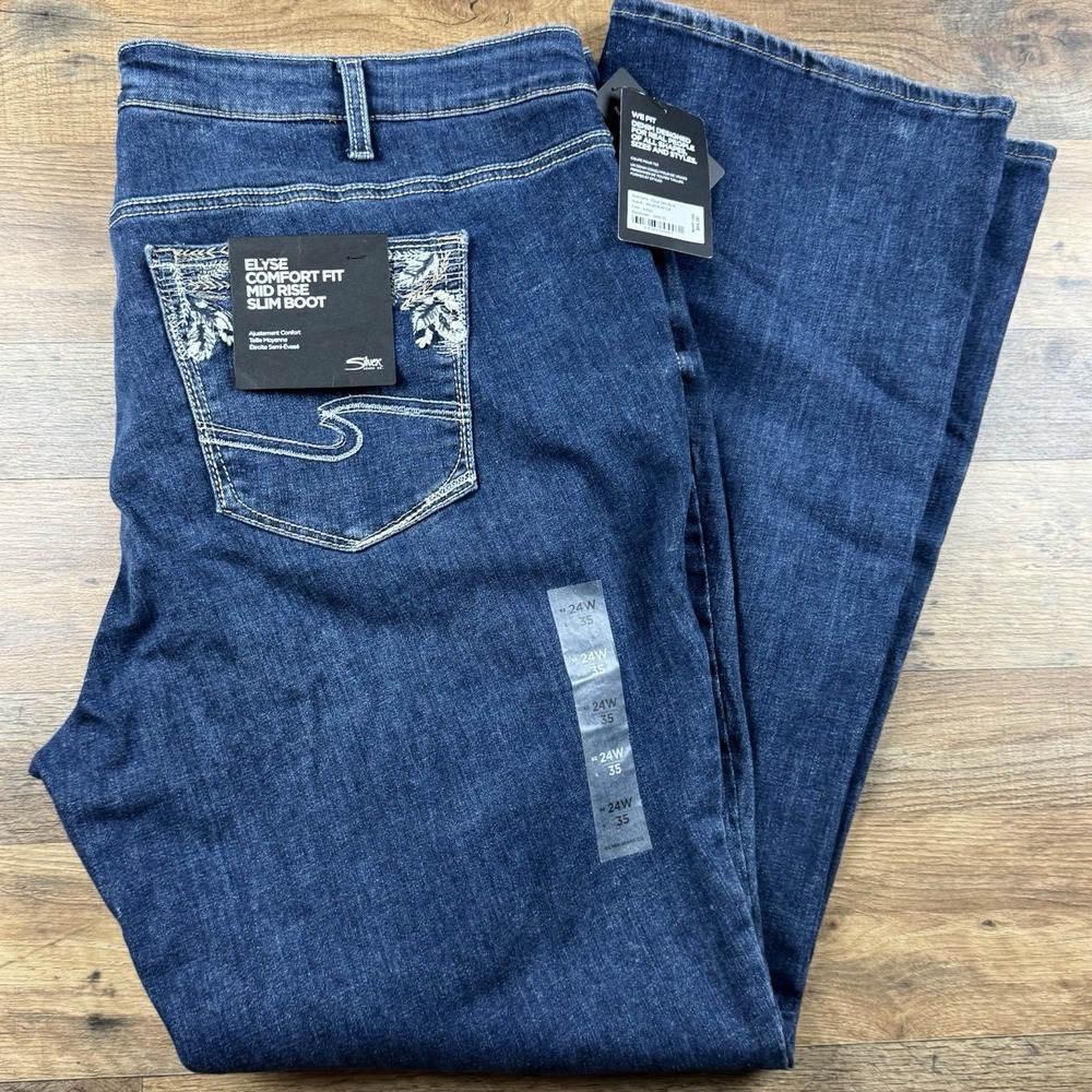 NWT Silver Jeans Co Elyse Slim Boot Cut Women's Dark Wash Denim Jeans 24x35